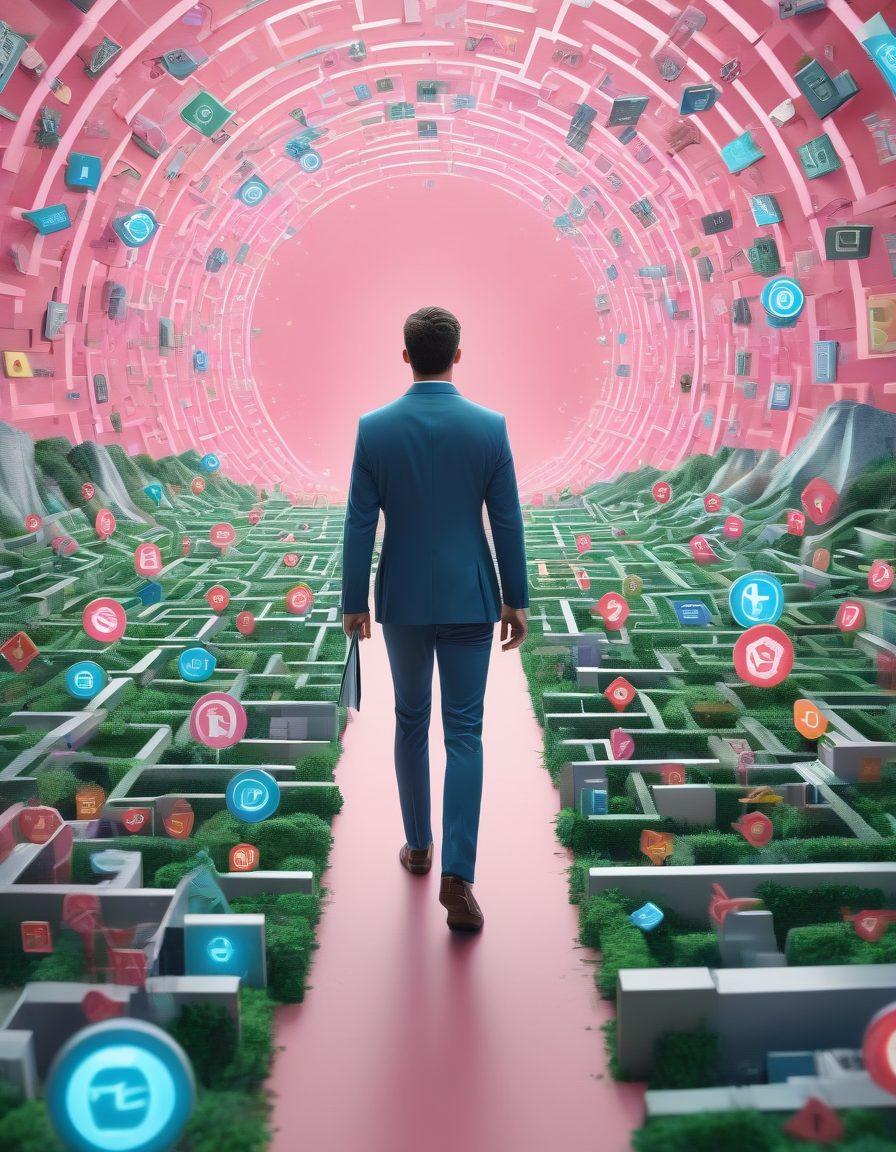 A digital landscape depicting a confident adult content provider navigating through a maze of digital insurance symbols and icons, representing security and growth. Include elements like documents, shields, and dollar signs intertwined with technology motifs like circuit boards. The background should be a blend of soft pastel colors to convey professionalism yet creativity. Emphasize a sense of exploration and success. super-realistic. vibrant colors. 3D.